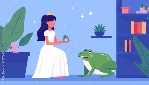Princess with a gift faces a frog in a room with plants and a bookshelf, rendered in a flat cartoon style