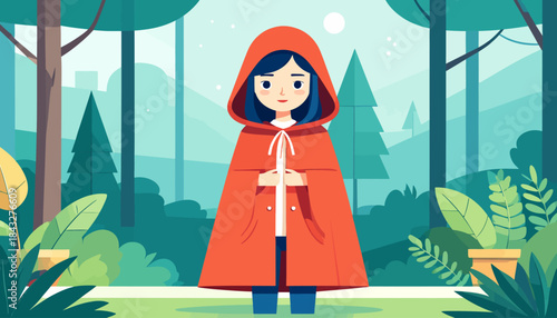 Red hooded girl stands in a simplified forest scene, rendered in flat, vector-style graphics