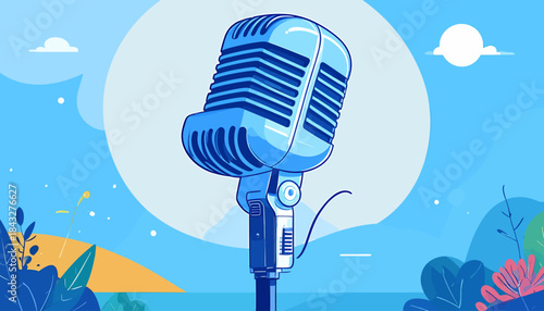 Retro microphone stands out against a soft, colorful landscape in a bright, stylized, cartoonish scene