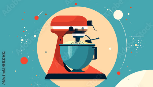 Red stand mixer with bowl on cream circle against a teal background with abstract white, red, tan, orange dots
