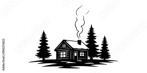 Cozy Cabin Silhouette Vector with Pine Trees and Snowy Ground, Winter Landscape Illustration