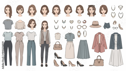 Vector Illustration Kit: Customizable Woman with Outfit and Accessories