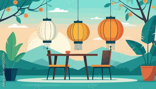 Serene pixel art of an outdoor seating area with lanterns, foliage, mountains, and a tranquil sunset backdrop