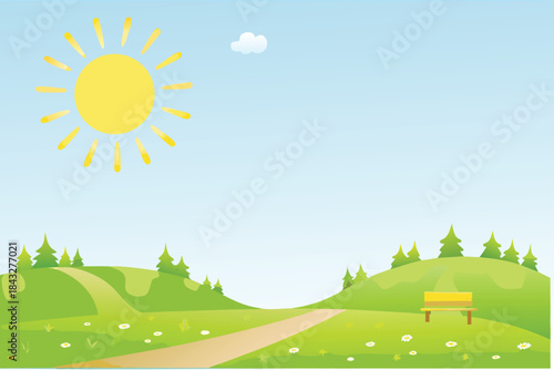 A bright sun shines warmly over rolling green hills and a peaceful
