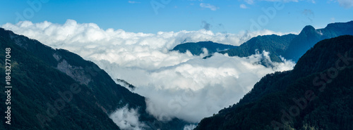 Aerial view of mountain peak with  sea of cloud