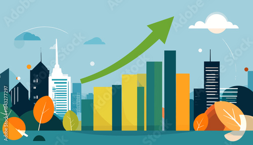Stylized cityscape illustration with rising graph and green upward arrow, emphasizing growth and success