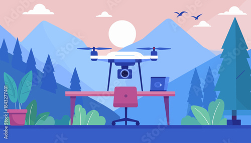 Stylized drone levitates over a pink desk in a mountain landscape with trees, plants, birds, sun, and clouds