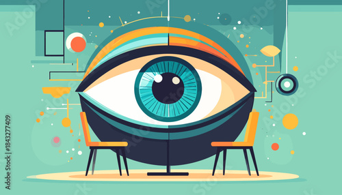 Stylized eye overlooks two chairs and a table, with geometric shapes in a teal, orange, black, and beige color scheme