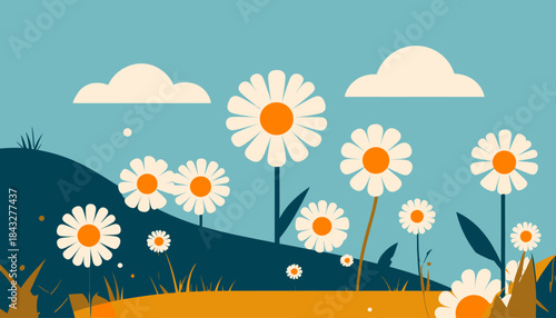 Stylized flat illustration of daisies, hill, clouds against a blue sky background in a cheerful outdoor setting