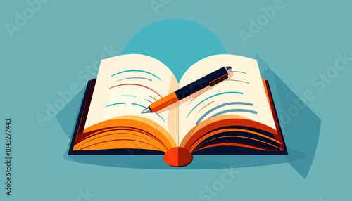 Stylized open book with pen resting atop, against a blue backdrop with a circular accent