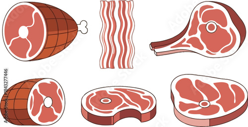 Cartoon illustrations of various cuts of meat including bacon on transparent background
