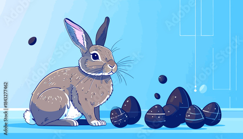 Stylized rabbit with chocolate eggs illustration on blue background with simplistic architectural details
