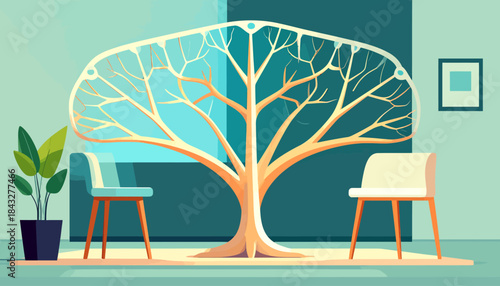 Stylized room featuring a tree-like structure, chairs, a plant, and framed art in muted tones