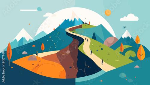 Stylized flat landscape with a winding path leading through mountain peaks with walking figures