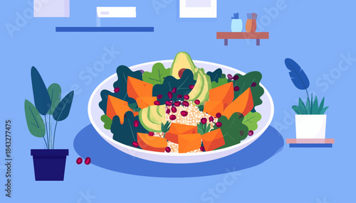 Stylized, flat-vector style illustration of a salad bowl with avocado, squash, pomegranate and plants nearby