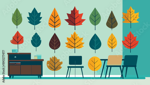 Stylized room scene featuring stylized flat leaves above furniture including chairs and a cabinet, on a pale backdrop