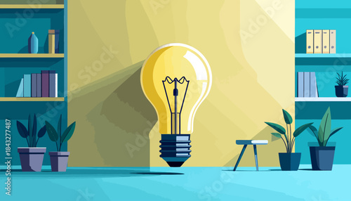 Stylized room with lightbulb, plants, and shelves with books, rendered in a cartoon style with blue and yellow colors