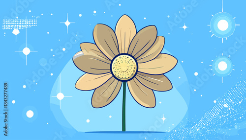 Stylized flower with pale petals, green stem on a light blue backdrop dotted with stars and bubbles