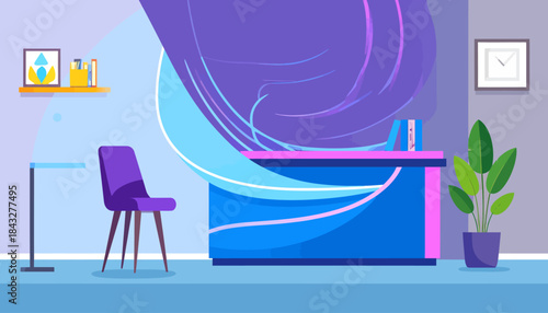 Stylized room with desk, chair, plant, shelf, art, clock, and abstract curtain backdrop, blue, purple, green