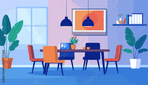 Stylized vector illustration of a dining room in varying shades of blue, orange and green