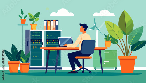 Stylized vector illustration of a person working at a desk in an office filled with plants and tech gear