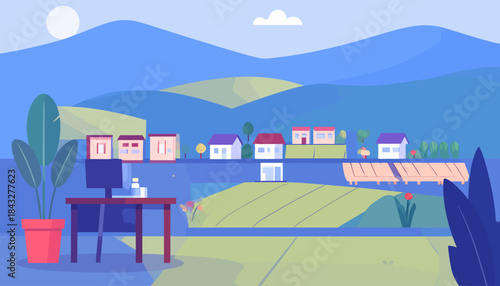 Stylized vector scene of a desk overlooking houses, fields, and mountains in light and dark blue hues