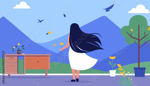 Stylized view of woman with flower against mountain backdrop, desk nearby, under a bright sky with birds flying