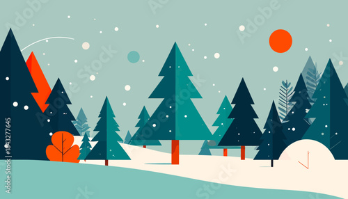 Stylized winter forest scene with snow-covered ground, teal trees, an orange sun, & falling snow