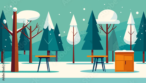Stylized winter landscape featuring snow-covered trees, simple furniture, and a snowy foreground, rendered in flat colors