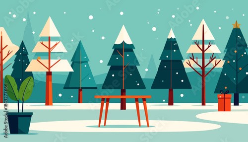 Stylized winter scene with trees, snow, a table, a potted plant and gift box