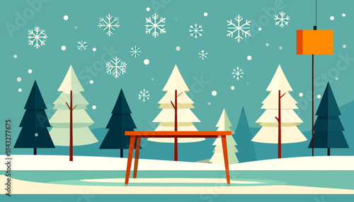 Stylized winter scene with trees, snowflakes, table, and overhead light on a pale blue background
