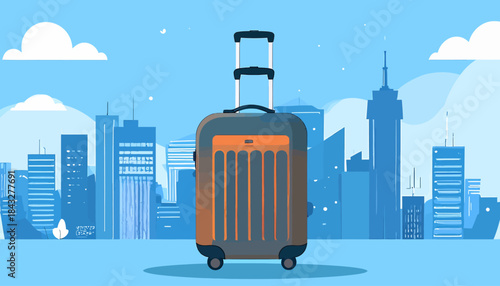Suitcase with orange details in front of a light-blue city skyline with various buildings and clouds