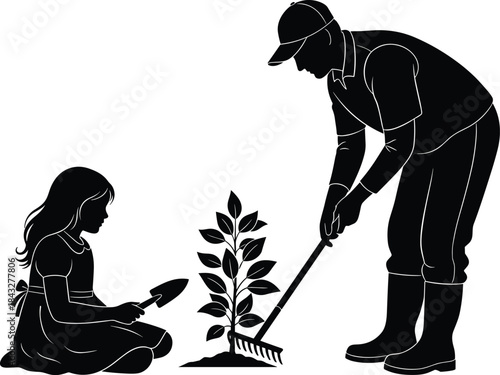 Black and white silhouette vector of a father and daughter planting a sapling with gardening tools, illustrating environmental education, care, growth, and family bonding.