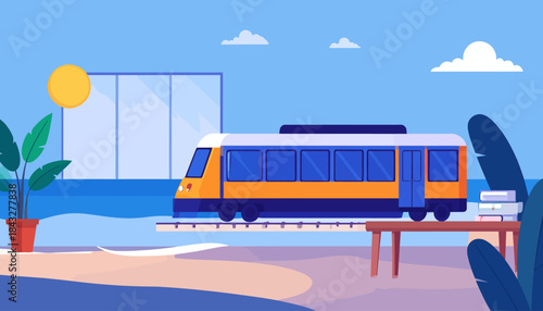 Train illustration in a bright scene with a plant, books, table and sun in the background