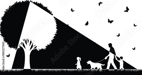 Black and white silhouette vector of a man and two children walking a dog in a park, featuring a creative light beam design, symbolizing family time and nature.