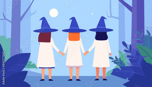 Trio of flat-style witches holding hands in a blue forest under a full moon, seen from behind