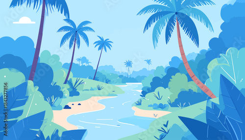 Tropical river scene with palm trees and lush vegetation, in a cartoon style with serene blue tones