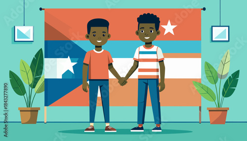 Two animated men hold hands in front of a patterned flag, flanked by potted plants in a bright room