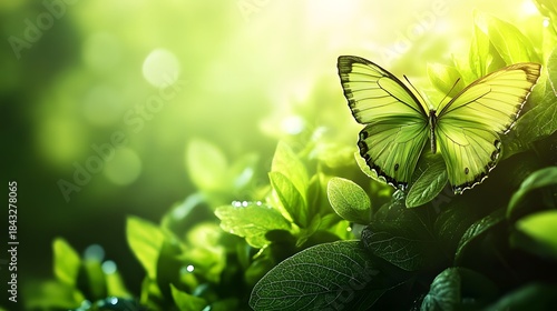 Digital illustration of a green butterfly rests amidst lush, vibrant green foliage with bokeh highlights.