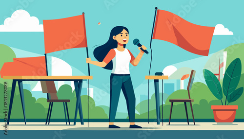 Woman holds a microphone flanked by tables with flags, set in a simple, stylized outdoor scene