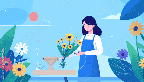 Woman in a blue apron arranging yellow flowers on a light blue, floral background, with kraft wrapping paper