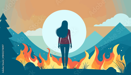 Woman gazes at a fire-stricken landscape beneath a rising sun/moon in this stylized graphic illustration