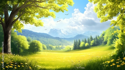 Digital illustration depicts a serene meadow with wildflowers, towering pines, and distant mountains under a bright sky.
