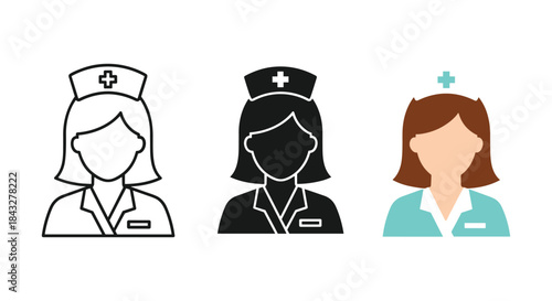 Nurse icons in different styles and colors