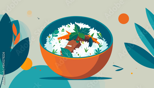 Stylized illustration of rice bowl with meat, veggies, teal leaves, on a beige background with colorful circles