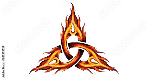 Stylized fiery trinity knot design element on white background illustration