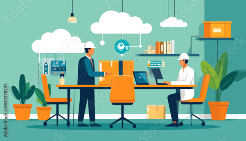 Two workers in hard hats work with computers and boxes in an office with plants and cloud tech