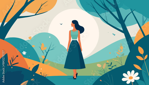 Woman stands in abstract, colorful nature scene beneath bird, against a pale circle backdrop