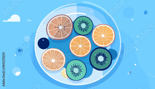 Stylized illustration vibrant fruit slices (orange, kiwi) arranged on a plate, over a light blue background