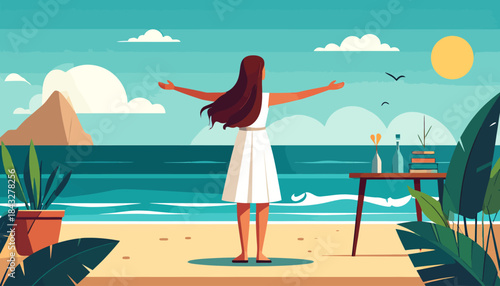 Woman stands on beach, arms open, facing the ocean, simple graphic style with plants, sun, and clouds